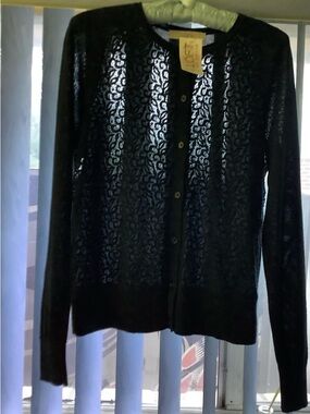 LOFT Black Lace-Pattern Button Front Cardigan